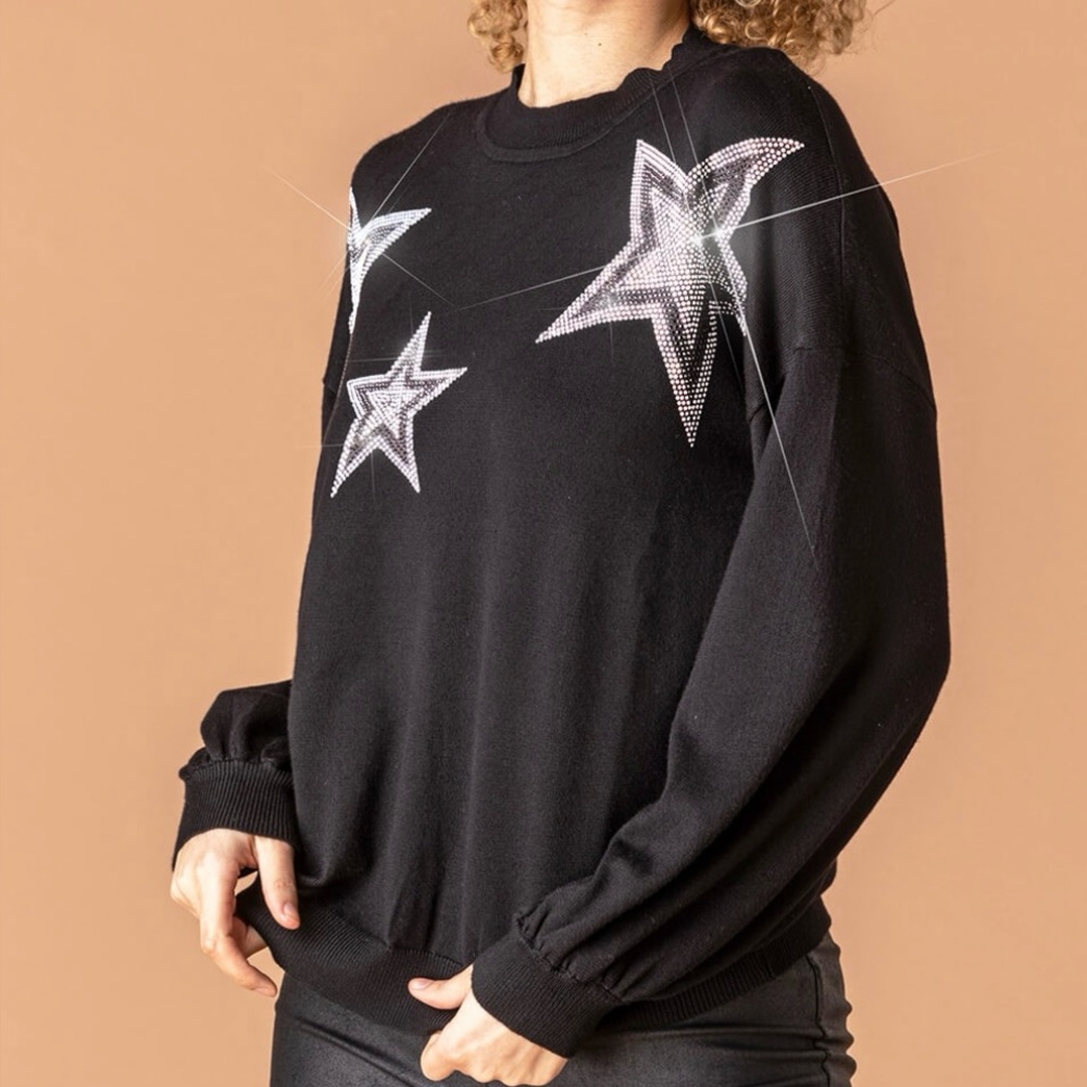 NWT Quacker Factory Black Metallic Stars Knit Long Sleeve Top, Size Large Cotton
